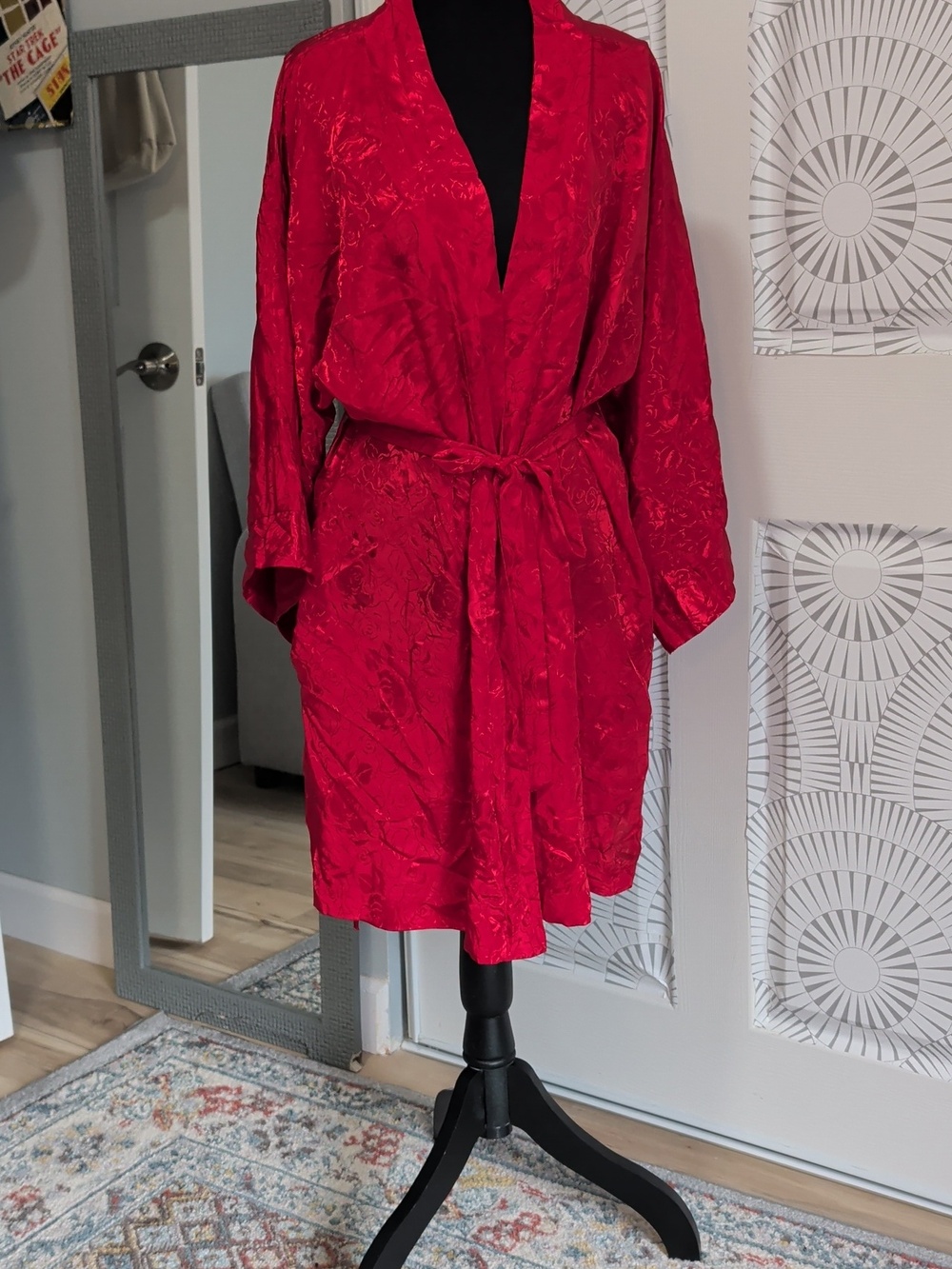 Vintage 80's Red Satin Floral Kimono Robe - Picture 3 of 6